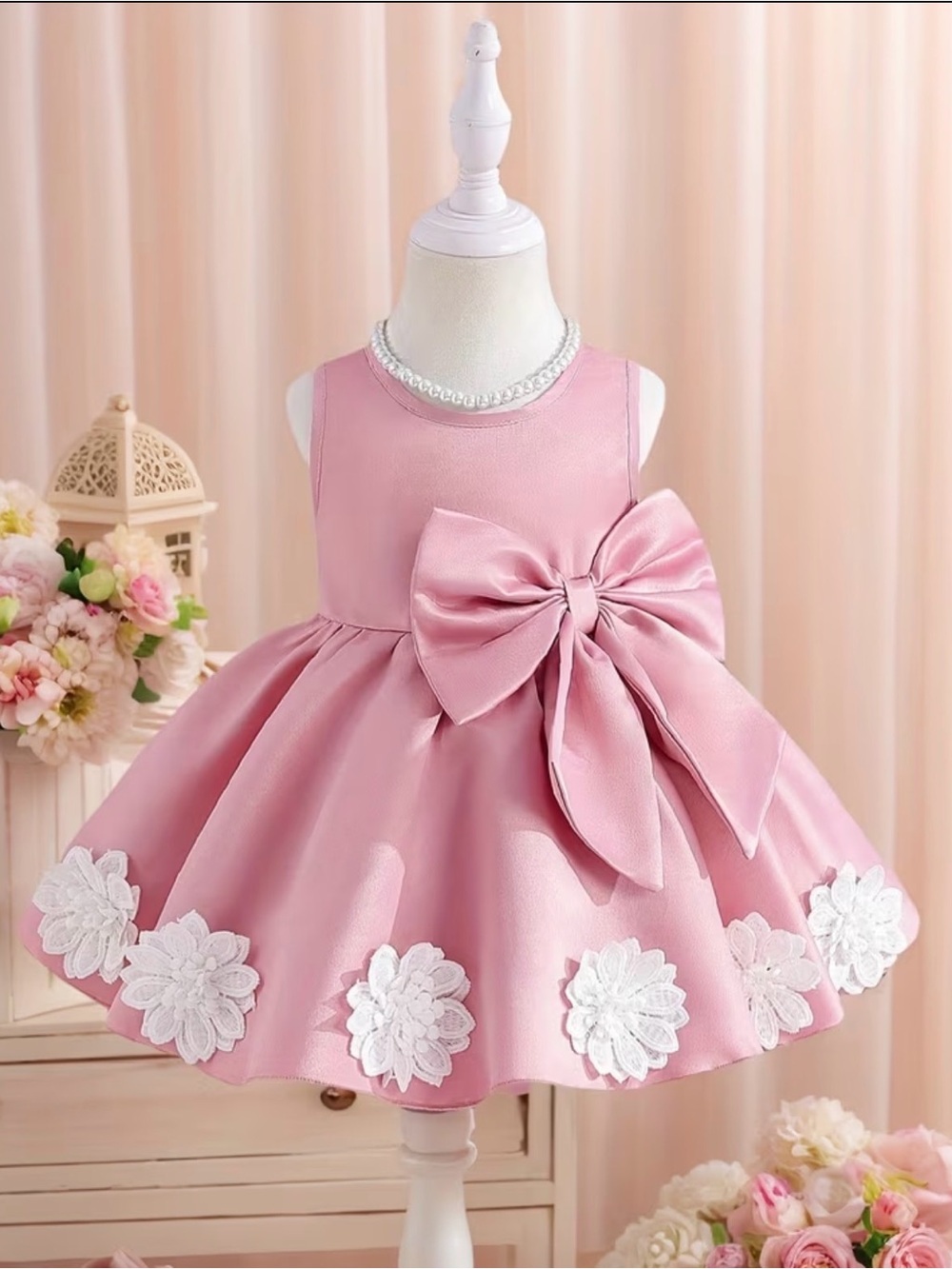 Pink Satin Flower-Appliqué Party Dress with Large Side Bow